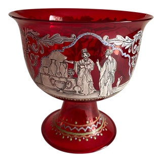 Vintage Murano Hand Painted Footed Red Glass Bowl For Sale