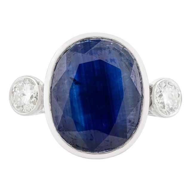 Art Deco Oval Sapphire Diamond 18k Gold Cocktail Ring Size 5.5 For Sale