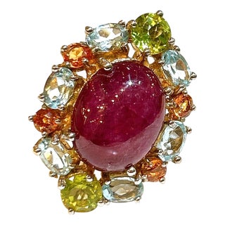 Bochic "Orient" Ruby, Orange Sapphire, Perridot Cocktail Ring 18K Gold & Silver For Sale