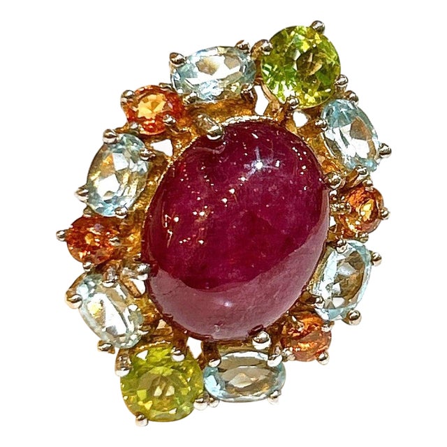 Bochic "Orient" Ruby, Orange Sapphire, Perridot Cocktail Ring 18K Gold & Silver For Sale