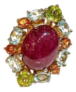 Bochic "Orient" Ruby, Orange Sapphire, Perridot Cocktail Ring 18K Gold & Silver