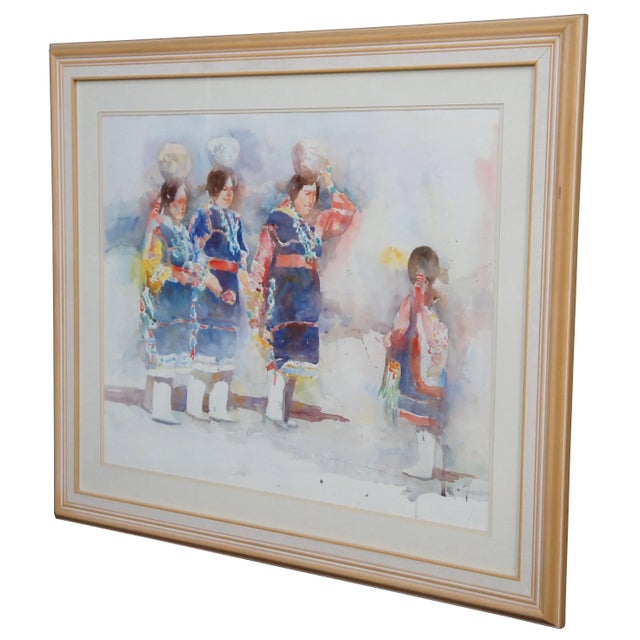 "Vintage 1991 watercolor painting titled “Zuni Tradition” by Phyllis Meyer, painted in Taos, New Mexico, showing a young...