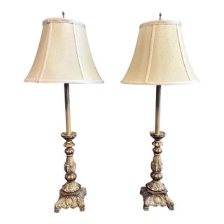 Vintage Hollywood Regency Ornate Brass Table Lamps With Bell Shades - a Pair For Sale