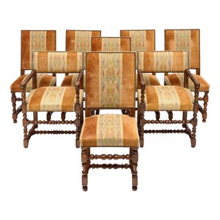 French Louis XIII Style Turned Walnut Dining Chairs and Armchairs, Set of Eight, Circa 1880 For Sale