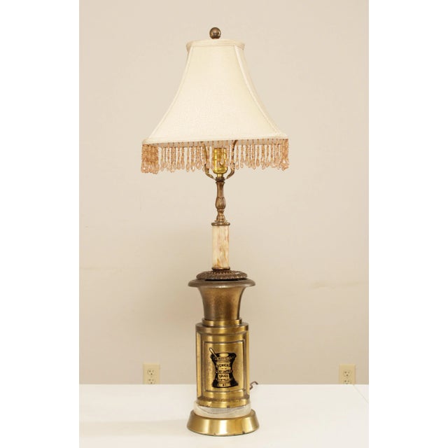 Unique Vintage Lamp with 'Ure Medicines' Brass Canister Base and Onyx Details
