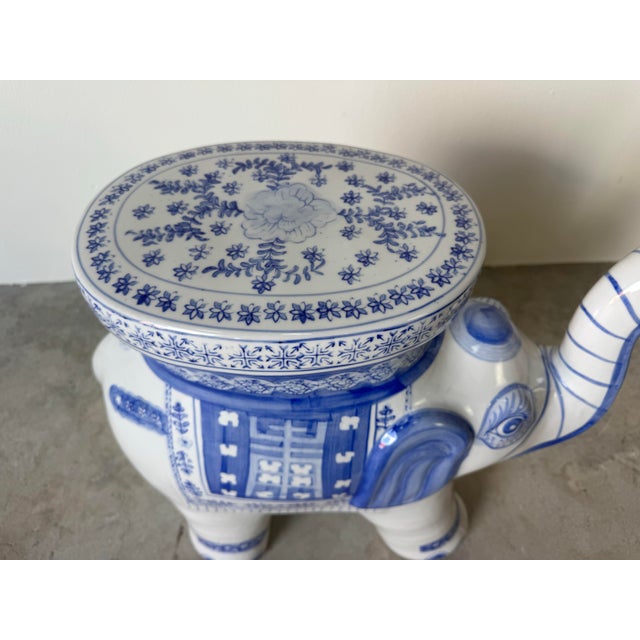 Vintage Handmade Blue & White Ceramic Elephant Garden Stool For Sale In Miami - Image 6 of 12