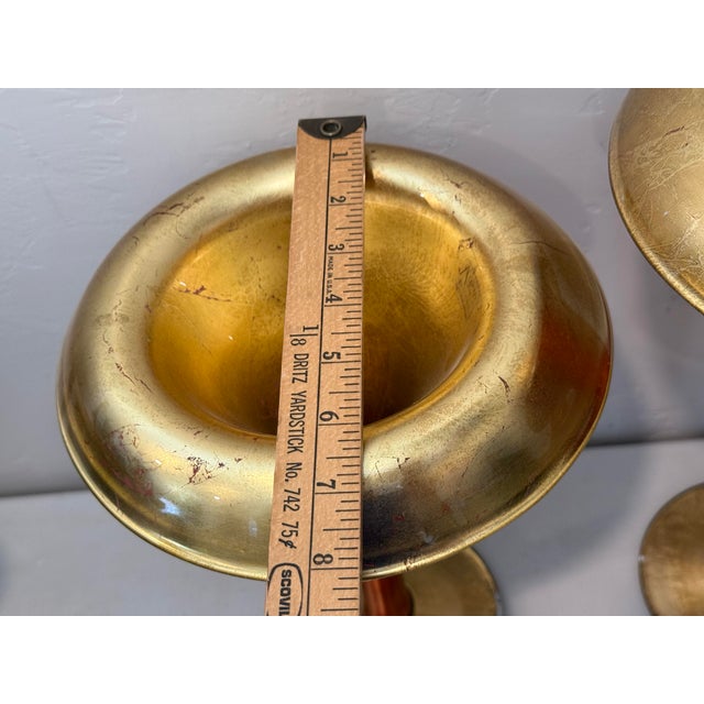 Glass Pair of Alan Lee Collection Metallic Red & Gold Leaf Glass Trumpet Vases - Staggered Set For Sale - Image 7 of 12