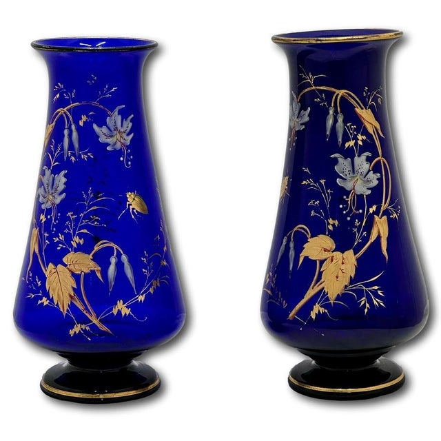 Mid 19th Century Rare Stunning Antique Victorian Hand Decorated 22k Gold Enameld Cobalt Blue Art Glass Vases by Val Saint Lambert - Mid 19th Century For Sale - Image 5 of 18