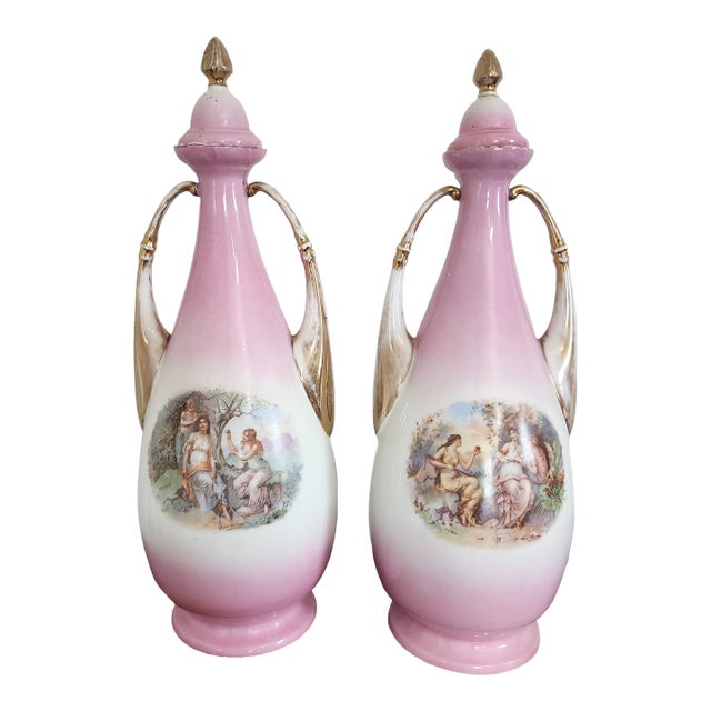 Antique Austrian Carl Larsen “Ruby & Emerald” Pink Porcelain Lidded Urn Vases – Pair, Circa 1900 For Sale