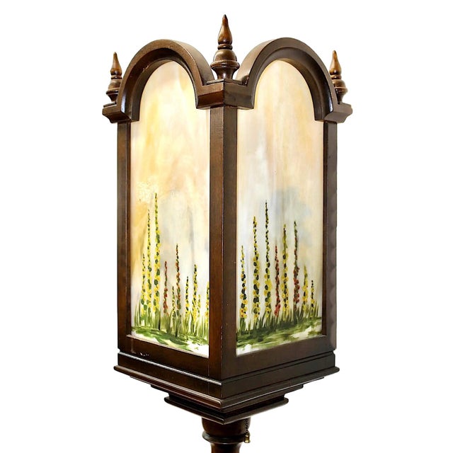 Arts & Crafts Torchiere W/ Hand Painted Art Glass For Sale - Image 4 of 8
