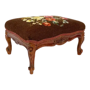 Late 20th Century Antique French Style Hand Stitched Needlepoint and Carved Wooden Foot Stool