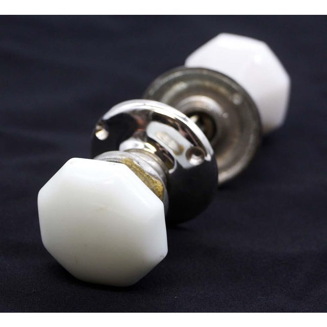 Vintage Octagon White Milk Glass & Nickeled Brass Door Knob Set For Sale - Image 6 of 7