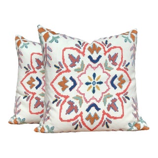 Custom Pillows in Jane Churchill Chintal Embroidered Fabric - A Pair For Sale