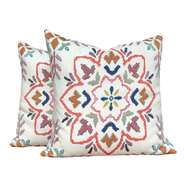 Custom Pillows in Jane Churchill Chintal Embroidered Fabric - A Pair For Sale