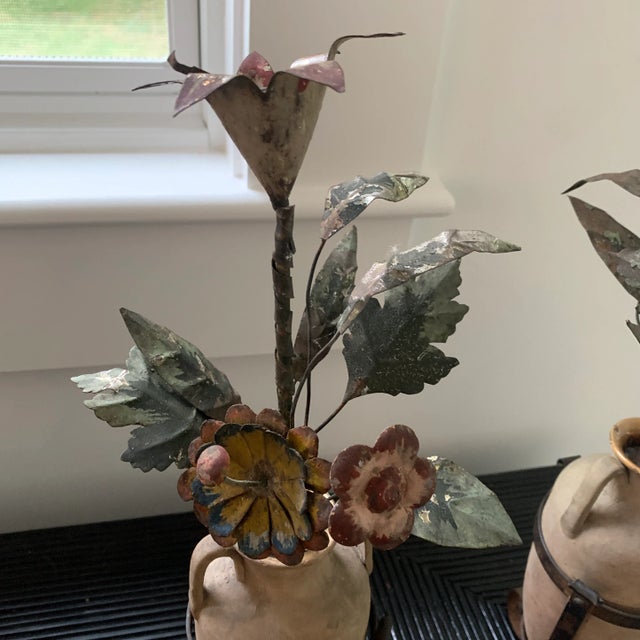 Early 20th Century Antique French Tole Flowers in Pottery Urns- Pair For Sale - Image 5 of 9