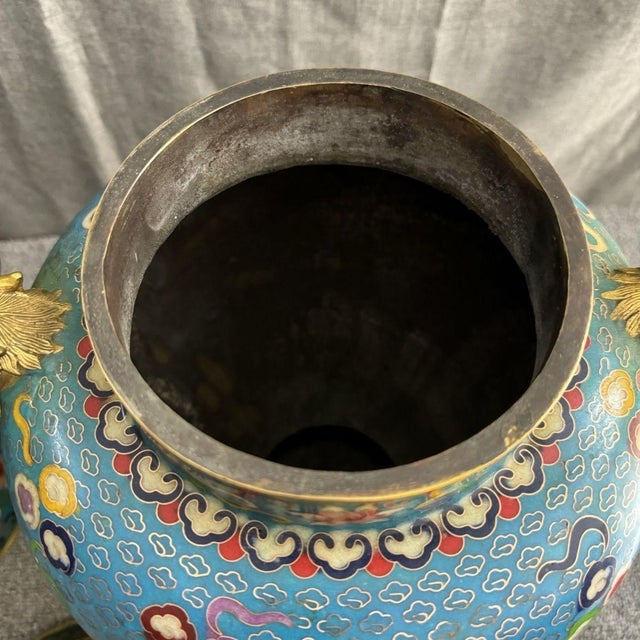 Metal Exquisite Pair of Chinese Cloisonné Enamel Dragon General Jars With Beast Handles & Lids - 20" Tall For Sale - Image 7 of 8