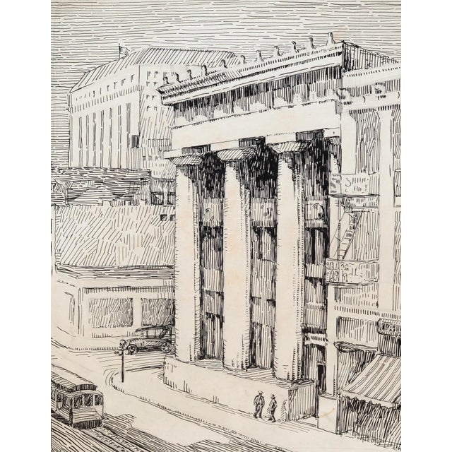 A 1930s ink & pencil on paper view of San Francisco, California, featuring the Bank of California at California & Sansone...