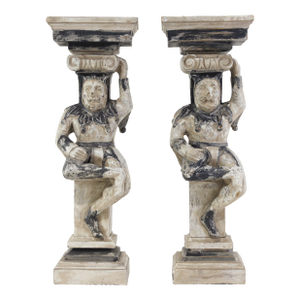 Vintage Primitive Pair of Painted Wood Jester Figural Pedestals Hanging Wall Columns