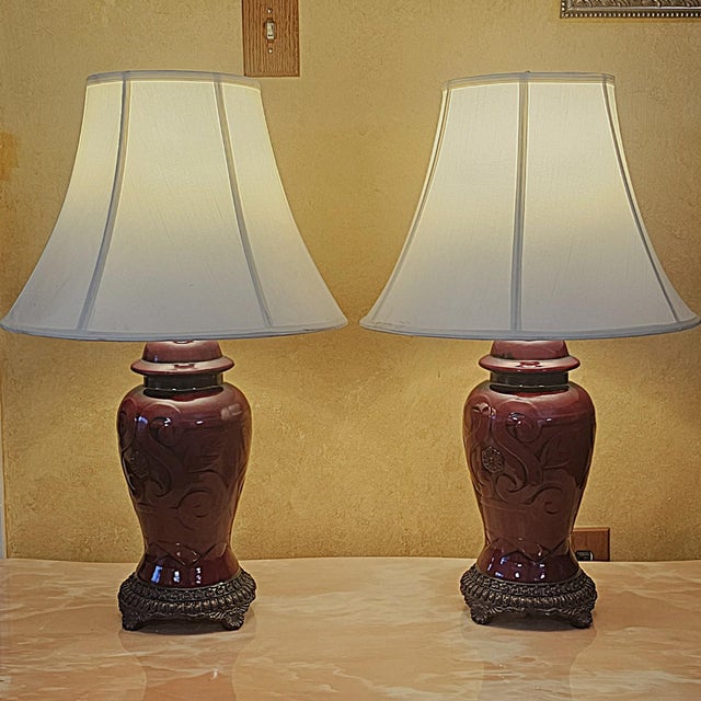 Early 21st Century Vintage Sang De Boeuf Red Chinoiserie Ginger Jar Table Lamps - Pair For Sale - Image 5 of 18