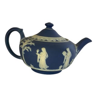 Antique Wedgwood Cobalt Blue Jasperware Dip Teapot Made in England C. 1891-1908 For Sale
