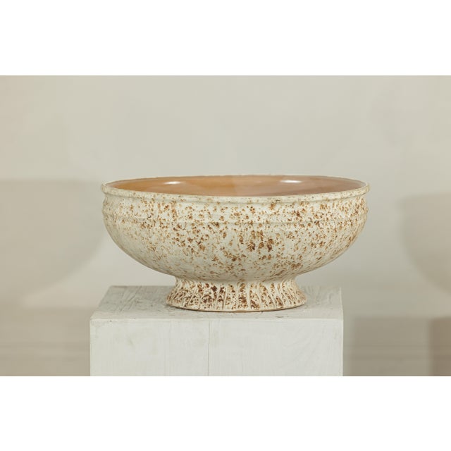Contemporary Large Artisan Ceramic Bowl with Cream and Sand Textured Glaze on Pedestal Base For Sale - Image 3 of 18