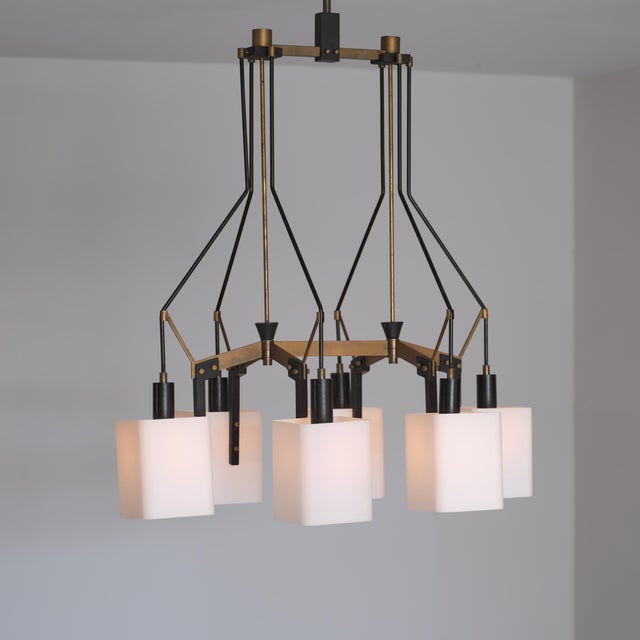 1950s Italian Six-Light Chandelier in Brass, Black Metal and Opaline Glass, 1950s For Sale - Image 5 of 16