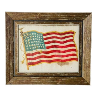 Antique 48 Stars American Flag in Rustic Frame Distressed For Sale