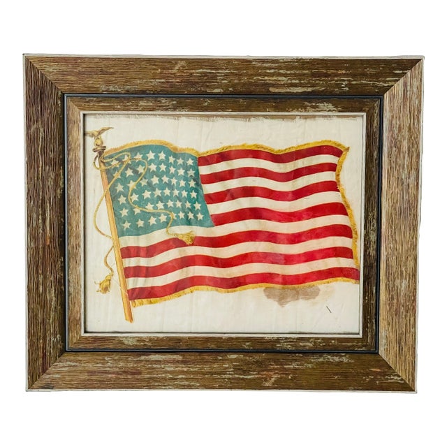 Antique 48 Stars American Flag in Rustic Frame Distressed For Sale