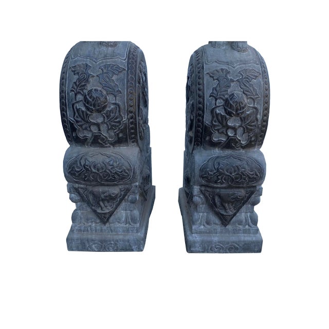 Chinese Pair Black Gray Stone Fengshui Elephant Drum Statues For Sale - Image 4 of 9