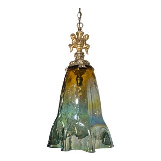 Large Art Glass Fazzoletto Green Amber Cherub Pendant Light For Sale