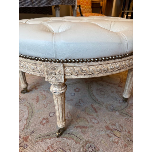 French Mid 20th Century Vintage French Pierre Frey Ivory Leather Ottoman For Sale - Image 3 of 5