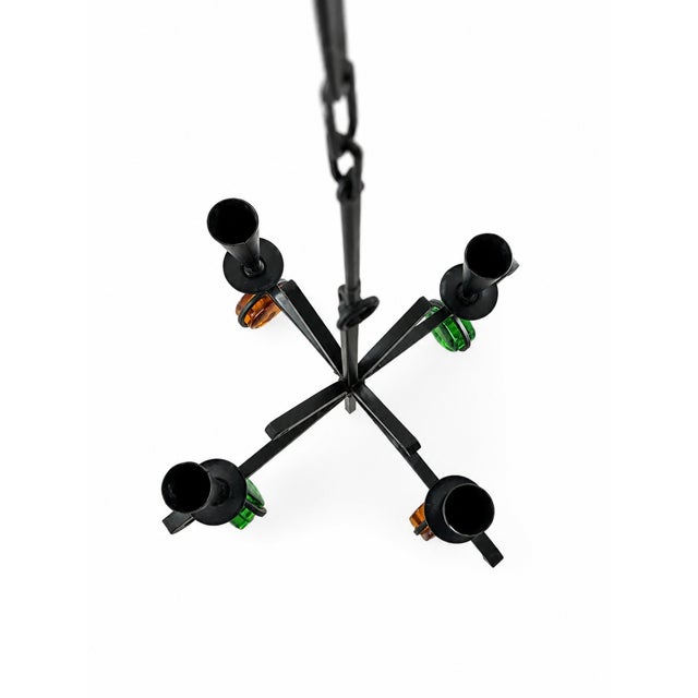 Gunnar Ander Wrought Iron 4-Arm Candle Chandelier with Green and Amber Glass Pendants by Gunnar Ander for Ystad-Metall, Sweden, 1960s For Sale - Image 4 of 10