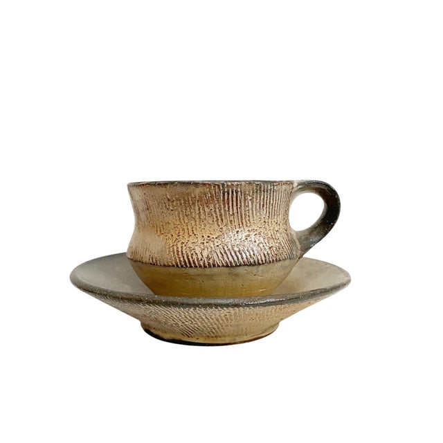 Contemporary 1980s Handmade Ceramic Coffee Cup and Saucer Set, Wabi Sabi Studio Pottery Mug, Earthy For Sale - Image 3 of 7