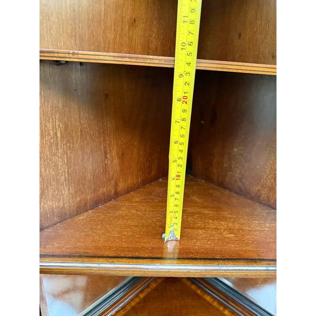 Antique English Edwardian Style Maquestry Inlaid Corner Display Cabinet of Serpentine Form. Circa Early 20th Century For Sale - Image 4 of 12