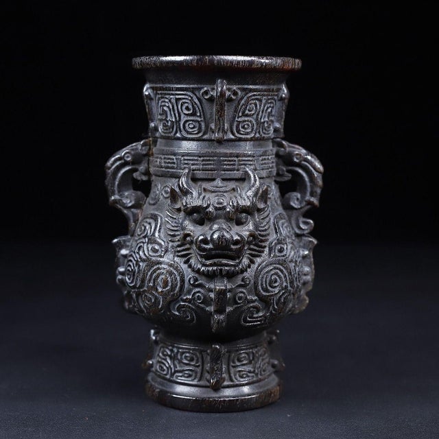 Late 19th Century Pair of Carved Faux Horn Beast-Face Vases With Handles For Sale In Los Angeles - Image 6 of 10