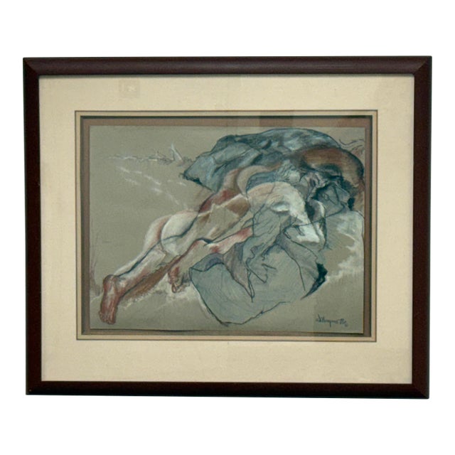 Circa 1976 J. Mayons Custom Framed Pastel Panting of Male Nude For Sale