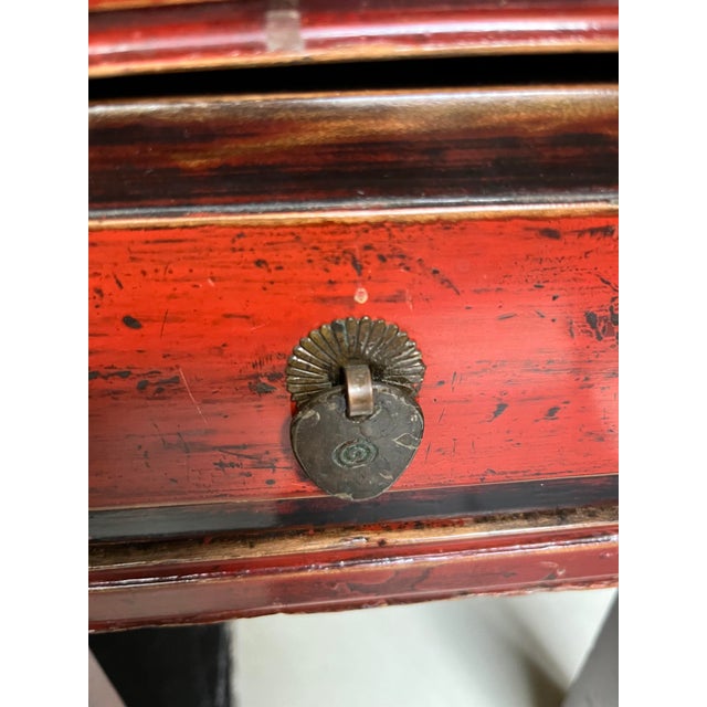 Fun side table/stool with multi shades of red and green and black accents. Chinese Elm with original red lacquer. Clear...