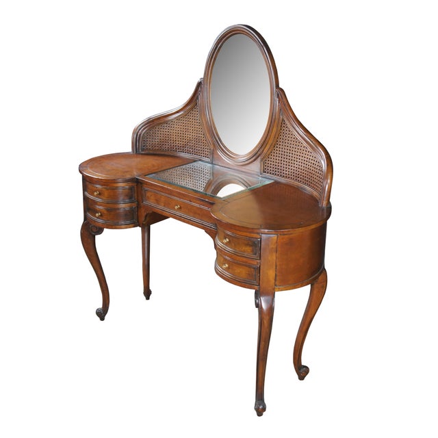 French Mid 20th Century French Louis XVI Caned Cherry Mirrored Kidney Dressing Vanity Desk For Sale - Image 3 of 12
