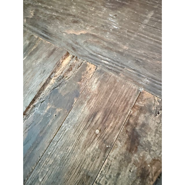 Mid-Century Modern Vintage Restoration “Flatiron” Dining Table Reclaimed Elm Barn Wood Door & Iron Trestle/Casters For Sale - Image 3 of 12