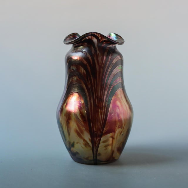 Purple Antique Bohemian Iridescent Art Glass Vase C. 1900 For Sale - Image 8 of 15