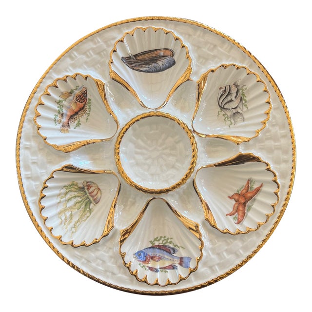 Vintage Oyster Plate With Sea Creatures Lined in Gold For Sale