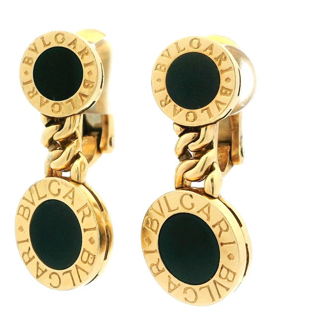 1990s Pair of Bulgari Bvlgari 18k Gold Black Onyx Drop Clip Earrings For Sale - Image 11 of 14