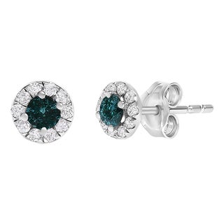 .925 Sterling Silver 1/3 Cttw White and Blue Diamond Halo Stud Earrings, Pair For Sale