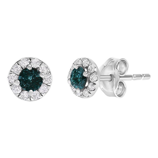 .925 Sterling Silver 1/3 Cttw White and Blue Diamond Halo Stud Earrings, Pair For Sale