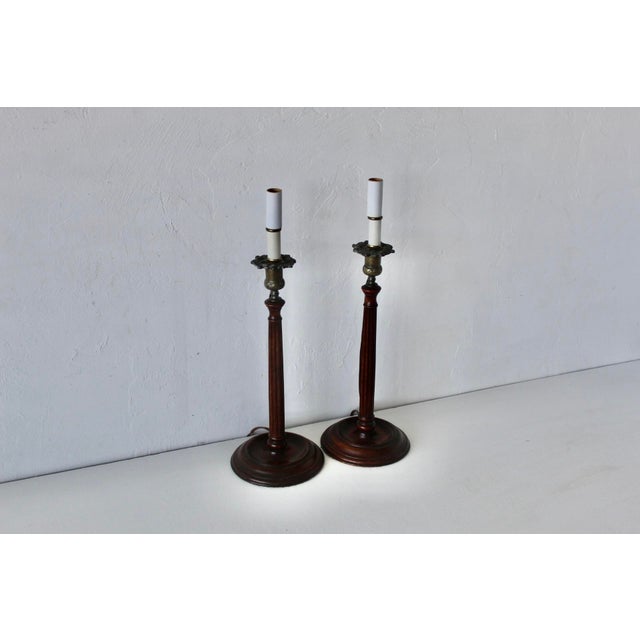 Late 20th Century Georgian Style Mahogany Brass Candlestick Table Lamps - a Pair For Sale - Image 15 of 18