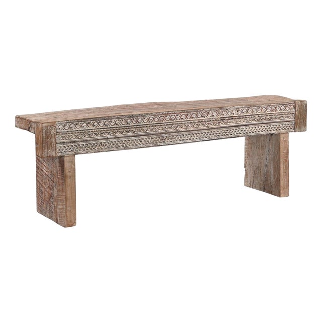 Indian Carved Front Rustic Teakwood Bench For Sale