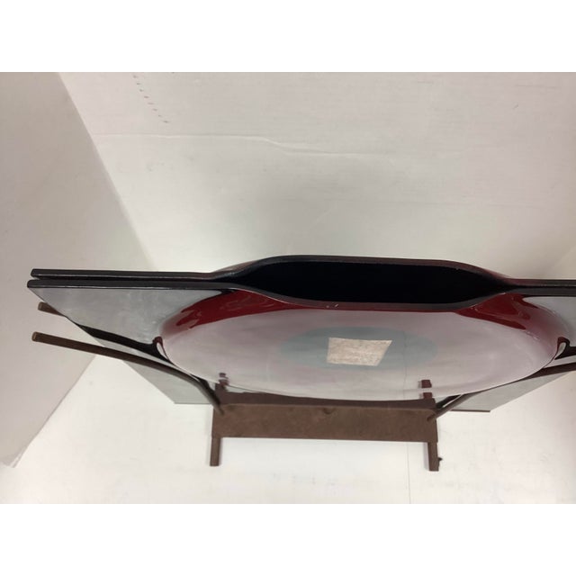 Metal Signed Sculptural Art Glass Vase on Iron Stand For Sale - Image 7 of 10