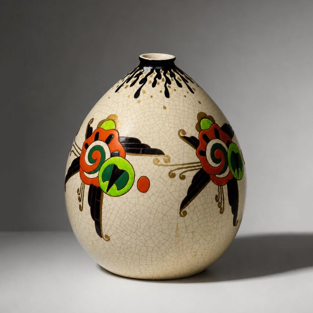 Art Deco Vase in Crackle-Glazed Ceramic with J. Martinache Decoration from Orchies Factory, France, 1930s For Sale - Image 16 of 16