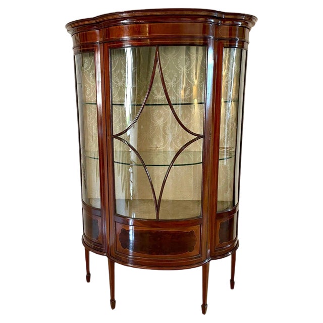 Antique Edwardian Inlaid Mahogany Shaped Display Cabinet For Sale