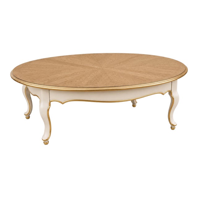 Late 20th Century Belgian Transitional Oval Coffee Table in Honey Oak & Antique Ivory With Bookmatched Veneer Top For Sale